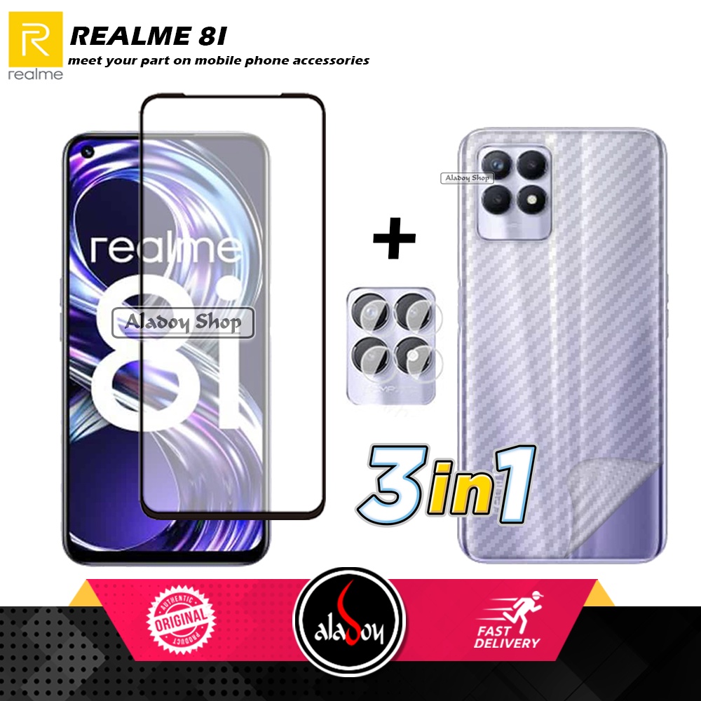 PAKET 3 IN 1 Tempered Glass Layar Realme 8I Free Tempered Glass Camera dan Skin Carbon