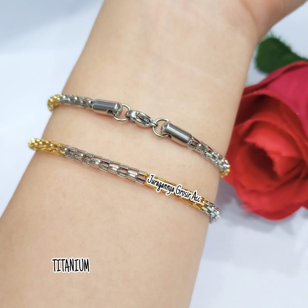 GELANG TITANIUM MODEL JARING SDG KOMBINASI GOLD+SILVER TERKINI ANTI KARAT TIDAK LUNTUR