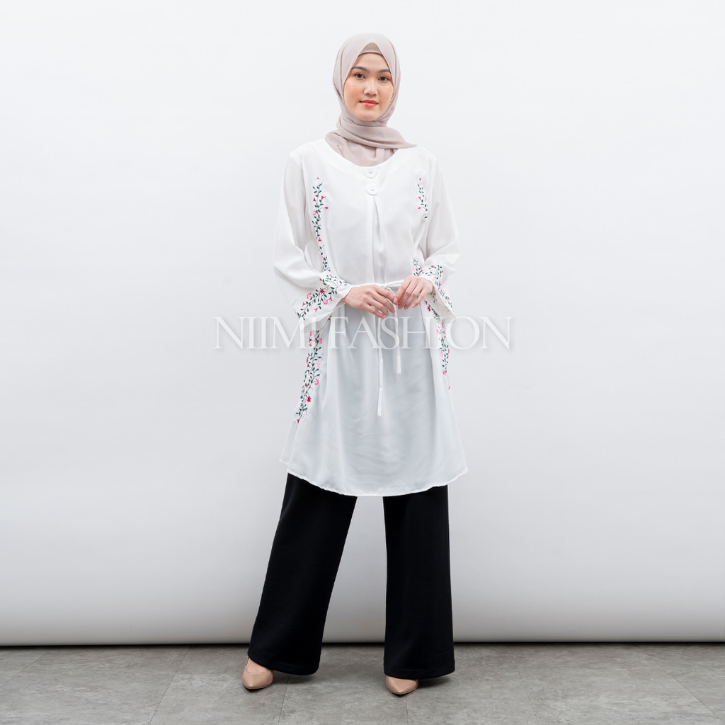 NIMI - Abira Blouse Putih Midi Dres Putih Bordir Premium Atasan Long Tunik Putih Jumbo Bordir