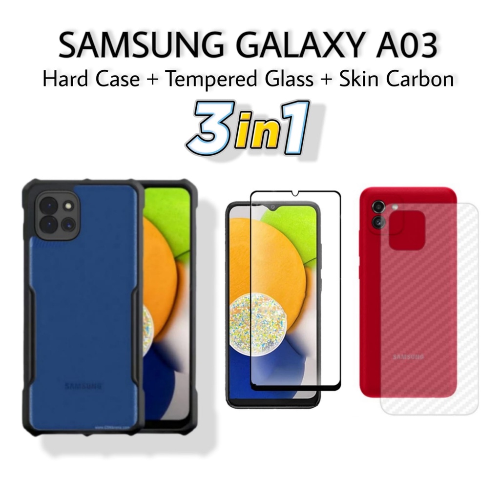 PROMO 3in1 Case SAMSUNG GALAXY A03 Hard Case Shockproof Fusion Armor Transprant FREE Tempered Glass 
