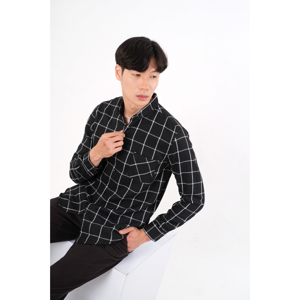 SANVANINA Kemeja Flannel Lengan Panjang Kotak Black White | Kemeja Flanel Pria Slim Fit E-8004