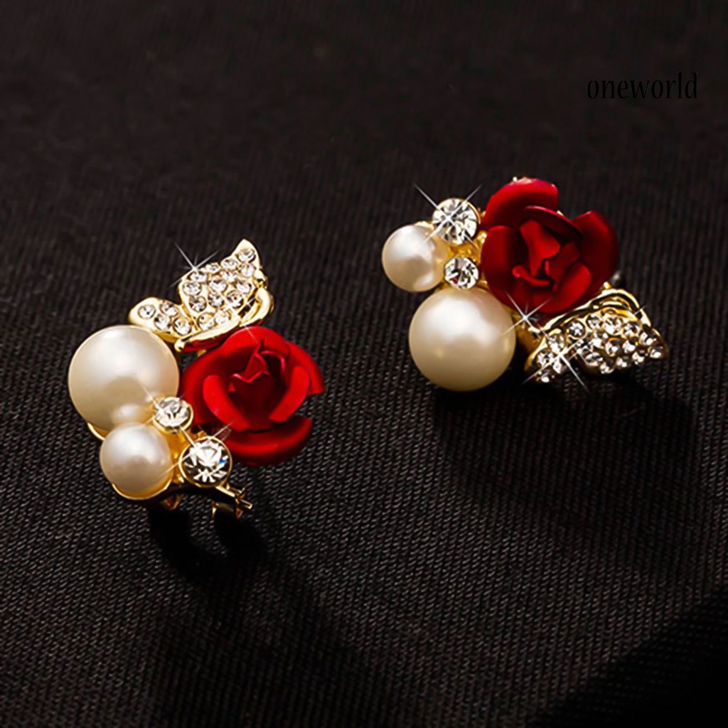 OW@ Earrings Red Rose Flower Faux Pearl Decor Exquisite Alloy Ear Studs Jewelry Gift for Party