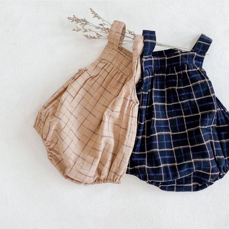 Romper anak/bayi perempuan lengan kutung motif kotak-kotak import (include hat)-1