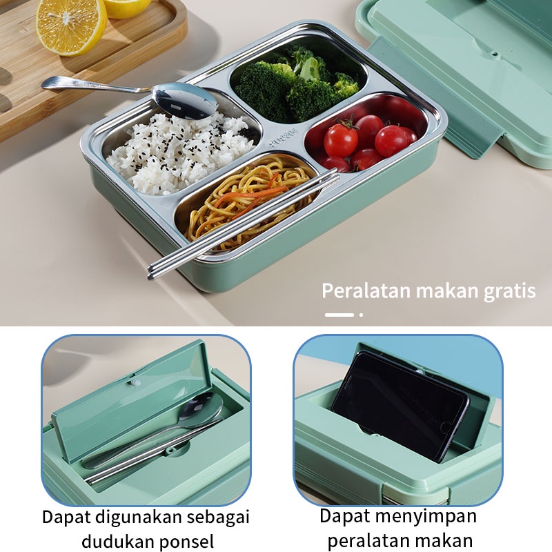 Letyeah &amp; Kaizenliving Lunch box 304 stainless steel kotak makan 4 girds anti tumpah /free sendok dan sumpit