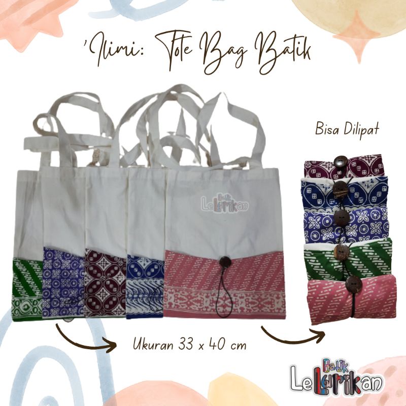 'Ilmi Tote Bag Wanita Tas Belanja Lipat Kain Katun Blacu Polos Kombinasi Batik Cap Warna Pink Ungu H