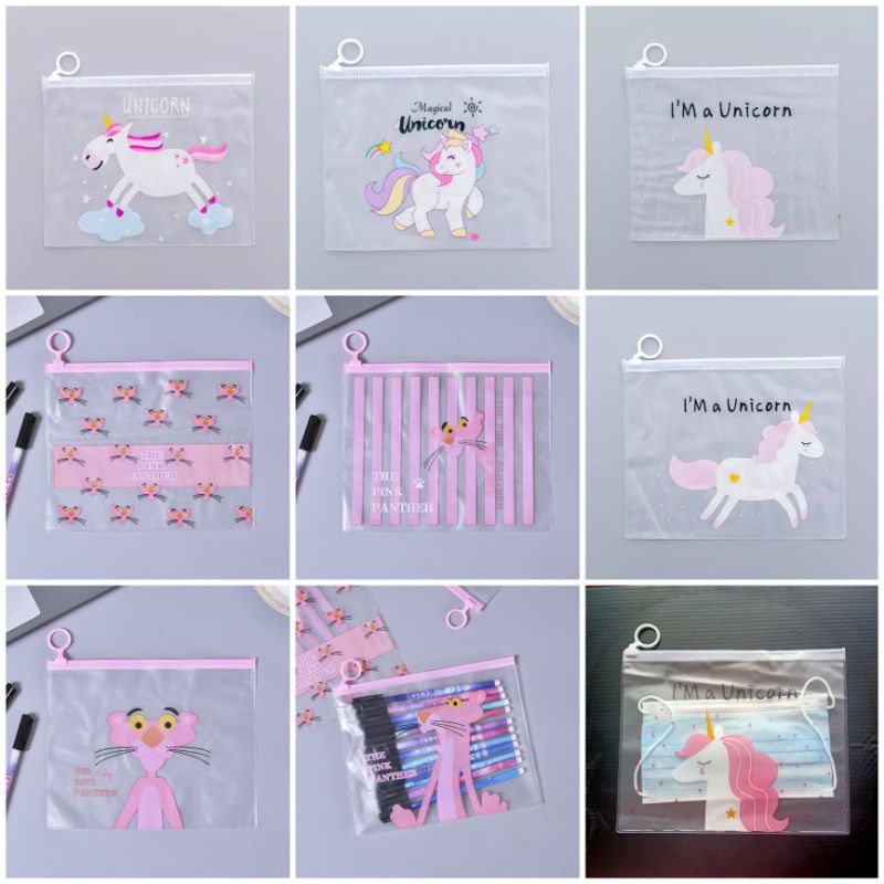 Pouch Transparan Motif Unicorn Pink Panther Rabbit Untuk Masker Kosmetik