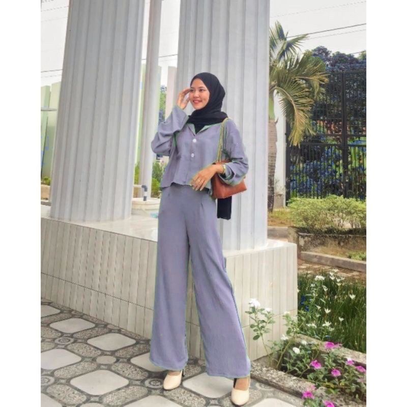 ONE SET CROP TOP BLEZER || KEMEJA CROP CRINGKLE || SET WANITA-GREY