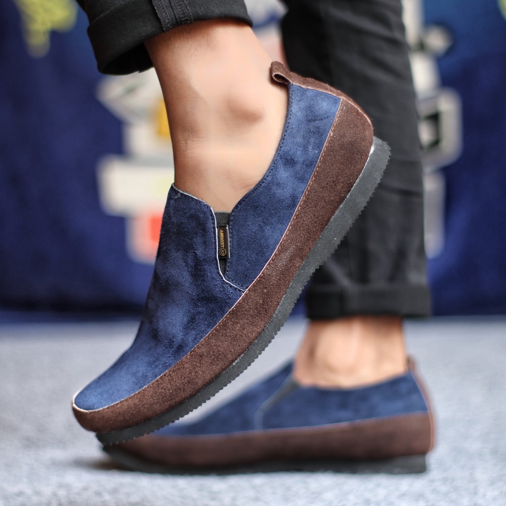 MARO Sepatu Casual Slop Pria HItam Kulit Asli Suede Slip On Cowok Trendy Murah