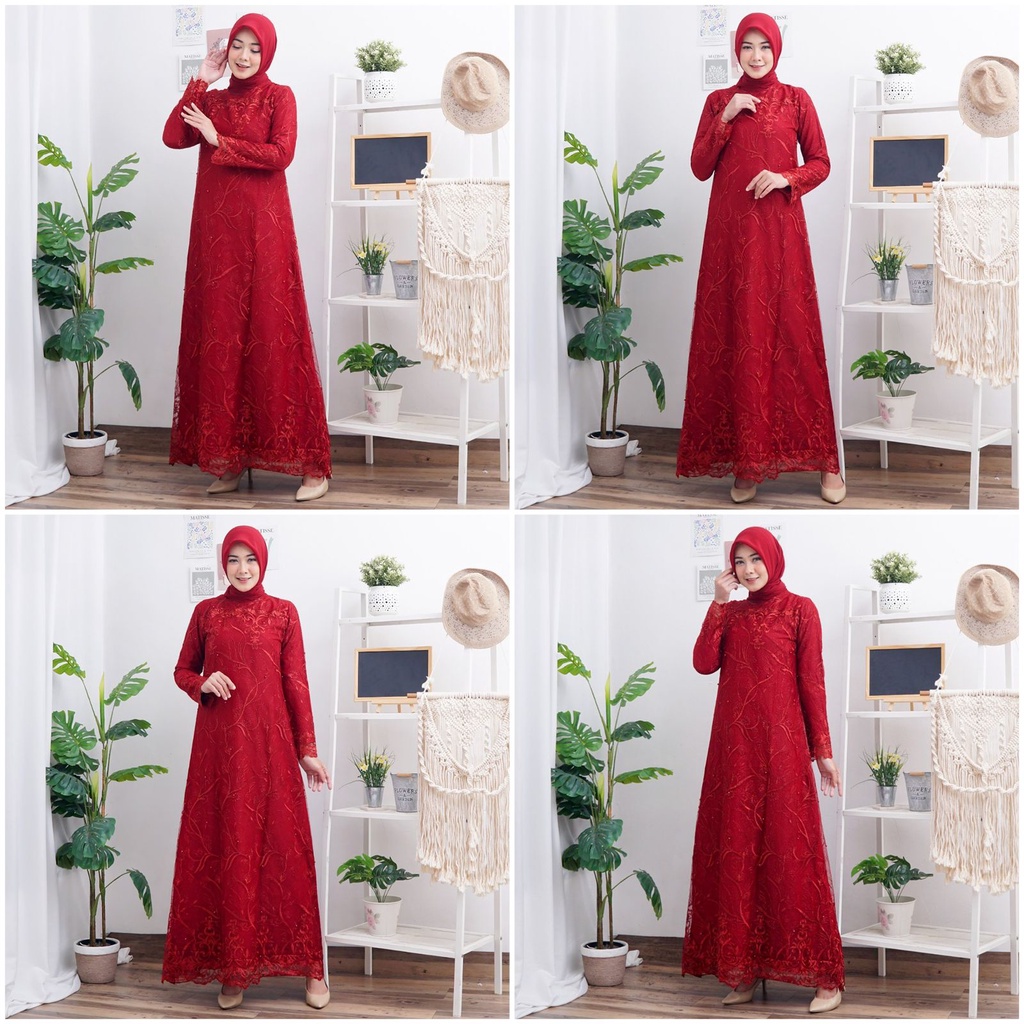 GAMIS BELLA FULL BRUKAT TILE BORDIR MUTIARA GLITTER MAXI DRESS PESTA MUSLIM