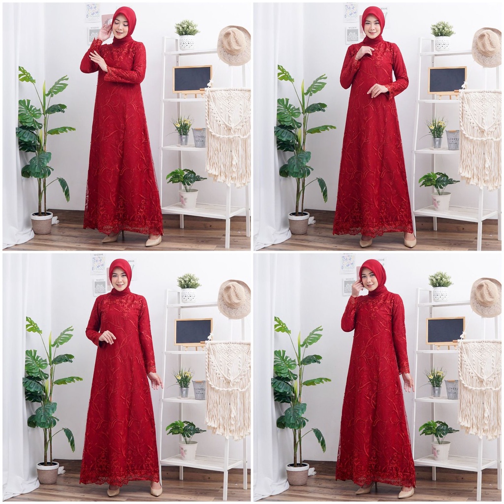 (FULL BRUKAT TILE) GAMIS BELLA FULL BRUKAT TILE BORDIR MUTIARA GLITTER MAXI DRESS PESTA MUSLIM