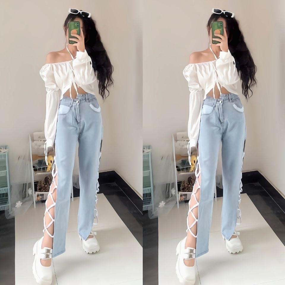 Suhao Musim Panas Baru Tidak Teratur Tinggi Pinggang Slip Mengikat Jeans Anak-anak Straight Fit Skinny dan Ringan Rash Tide