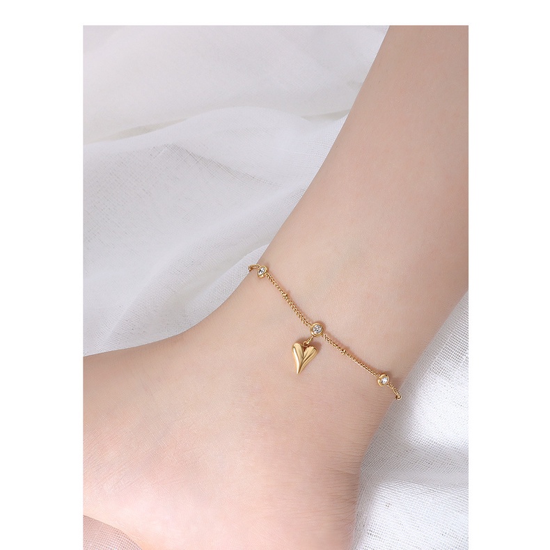 Korean 18K Gold Titanium Steel Anklet Female Crystal Heart Pendant Colorless Anklet