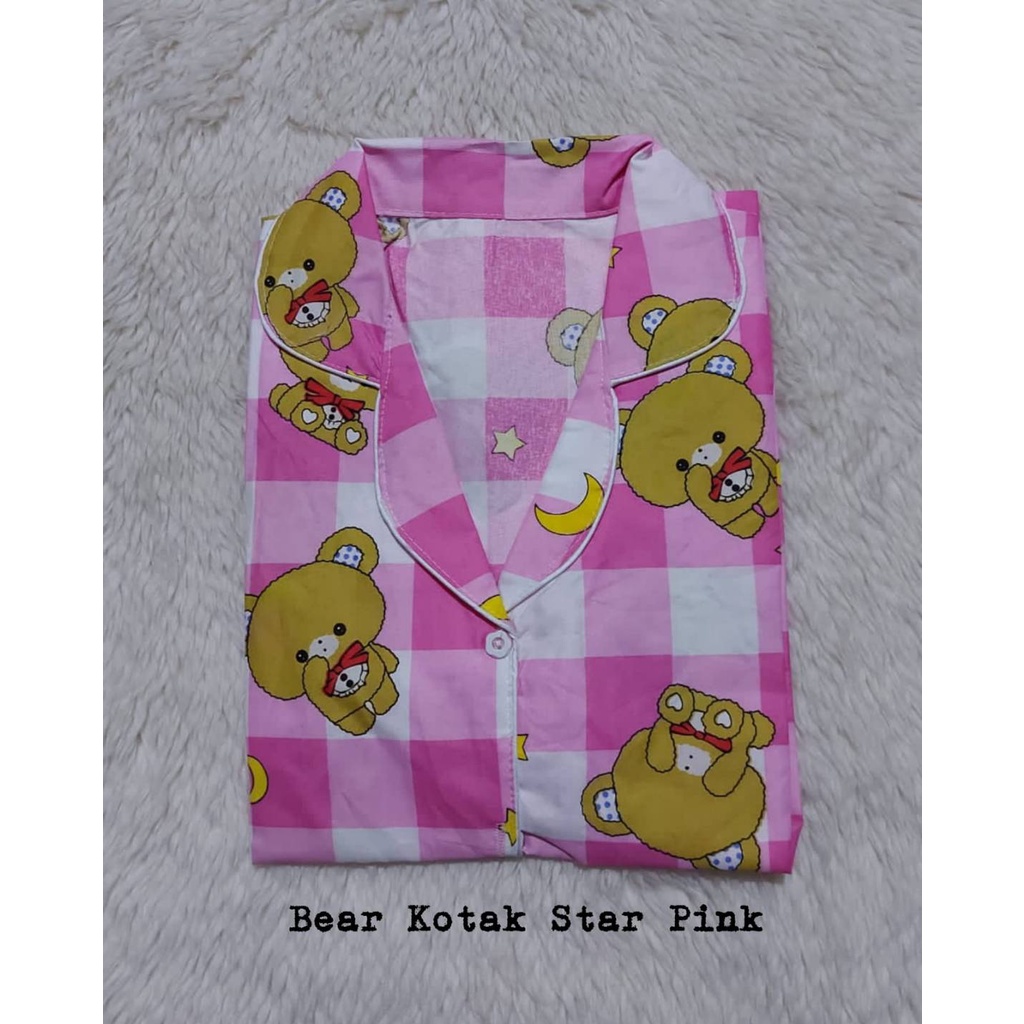 PEPOY SHOP Setelan Piyama Baju Tidur CP  LD 104  CM DEWASA Motif Good Quality.-BEAR KOTAK STAR PINK