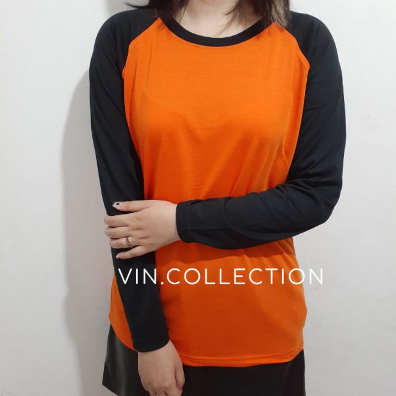 Kaos polos raglan pria wanita  - orange kombinasi hitam