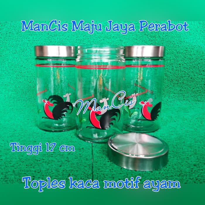 (GOJEK) Toples kaca bening ukuran Besar tutup stainless motif ayam