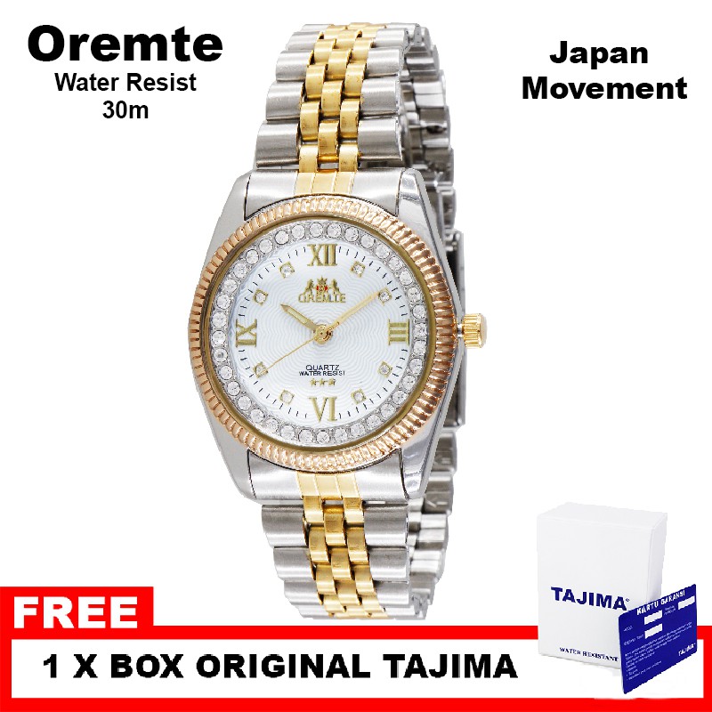 Jam Tangan Oremte Pria / Wanita Two Tone Diamond / Permata Stainless Steel Water Resist 3 ATM Watch