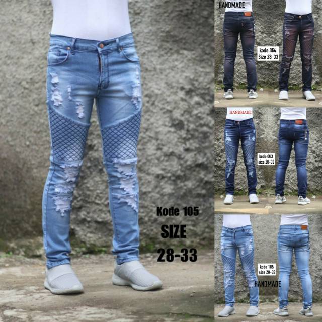  Celana  Jeans Bikers Kotak  Sobek Hand Made Celana  Jeans 