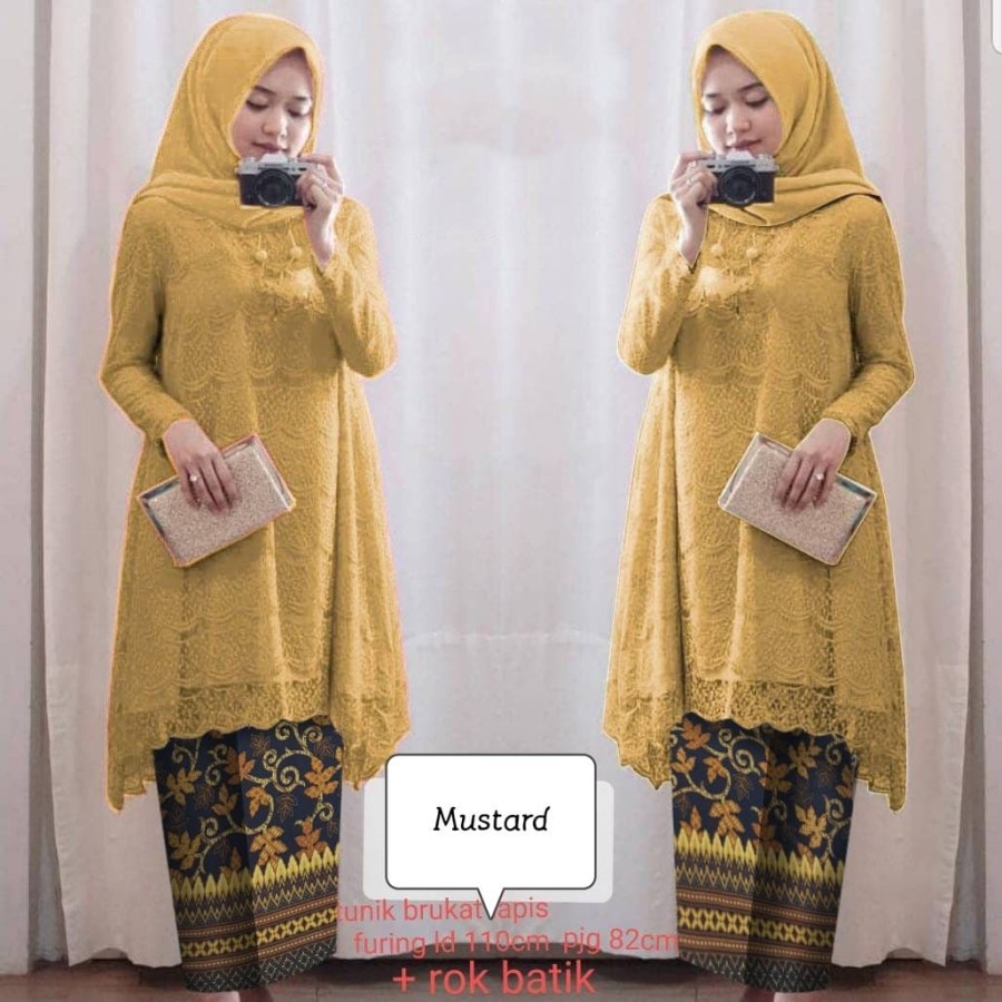Setelan Kebaya Tunik Brukat Modern Muslim Syar'i Rok Batik Panjang mustard