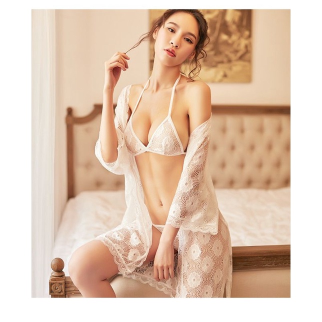 PREMIUM Sexy Lingerie Big Size XL Set Bikini Kimono + Bra + Panty Renda Bunga Hitam Merah Putih