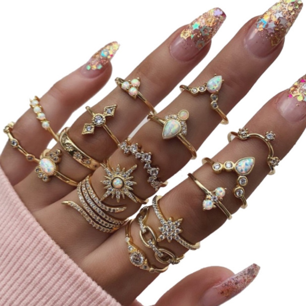 Hu Hu Hu Hu Hu Alat Bantu Pasang Kacamata♡ 17pcs / Set Cincin Wanita Desain Bunga Hias Berlian Imitasi Gaya Bohemian Untuk Pesta / Hadiah