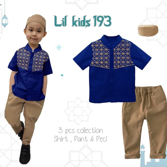 Setelan Koko / Baju Koko Anak+Peci: LK 193 C KIDS  BIRU DONGKER (2-7 Tahun)