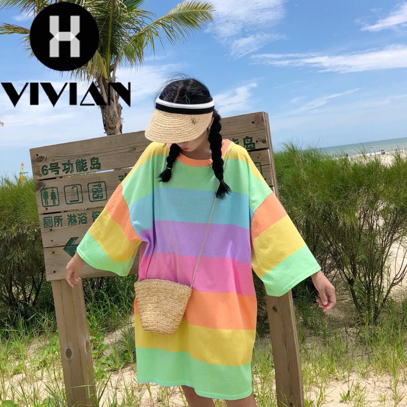 ?VIVIAN? Dress Kaos Wanita Korea Round Neck Lengan Panjang Longgar Oversize Motif Garis Warna-warni