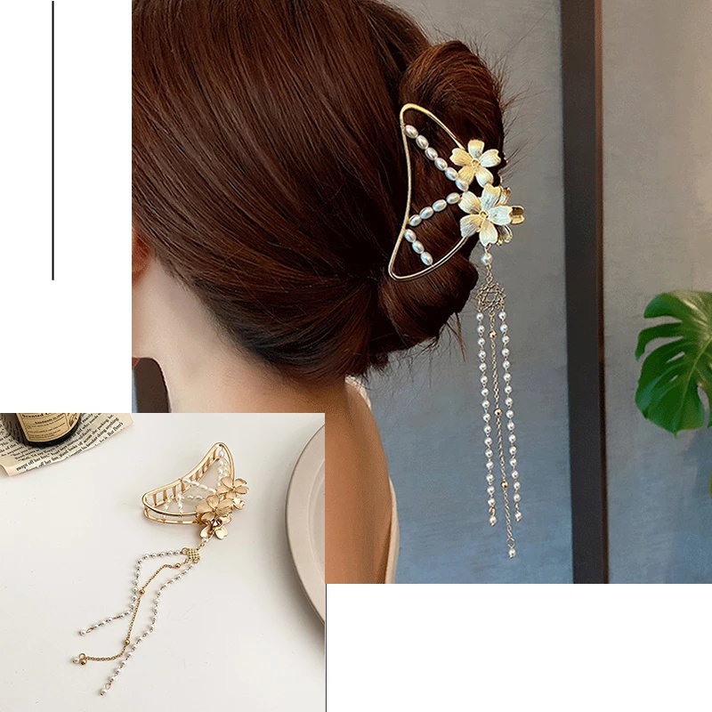 AY(CN) Simple Fashion Metal Tassel Hair Clip Butterfly Pearl Gold Chain Hair Clip Headdress Hair Accessories