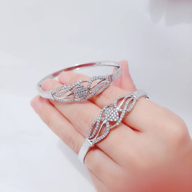 GELANG TANGAN BANGLE PERMATA PERAK 925 LAPIS EMAS PUTIH /PERHIASAN SILVER WANITA / PERAK ASLI /GL750