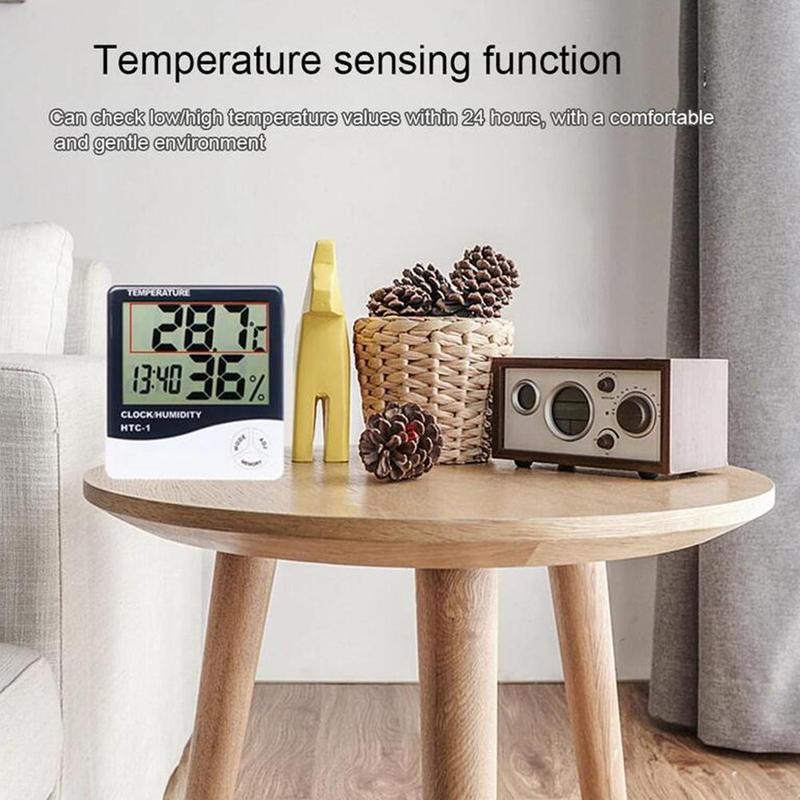 Jam Meja Digital + Suhu ruangan + Kelembaban udara Digital termometer meja Temperature Humidity Meter Digital Thermometer Hygrometer Indoor Weather Station For Home Mini Room Thermometer Temperature Humidity Monitor LCD Electronic Digital Temperature