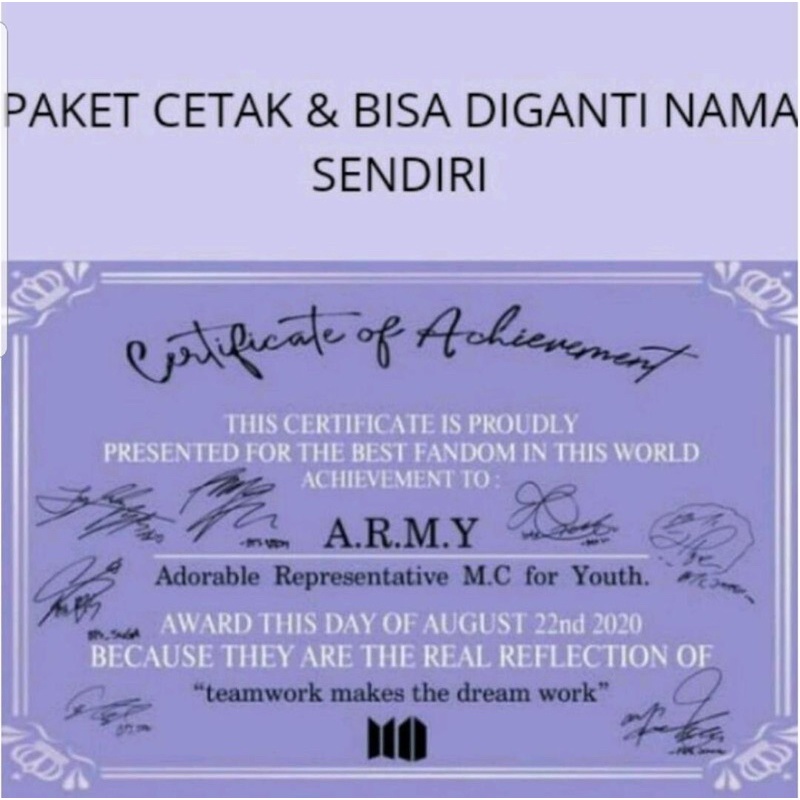 cetak sertifikat ARMY X BTS