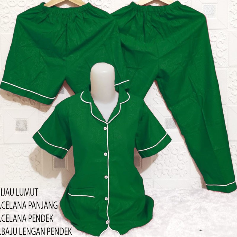 ISANNY PIYAMA SET 3IN1 SIZE XXL/SATIN EMBOSS 3IN1 JUMBO/BAJU TIDUR DEWASA/READY STOCK-HIJAU LUMUT