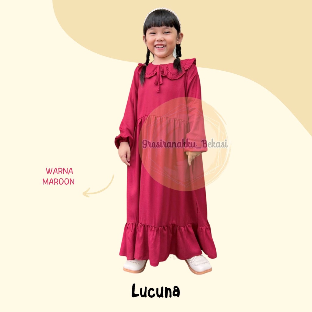 Gamis Rayon Anak Hanum Lucuna Warna Maroon Size 2-10 Thn