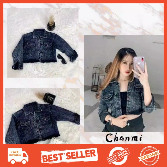 JAKET JEANS WANITA CHANMI CROP RAWIS SNOW BLACK