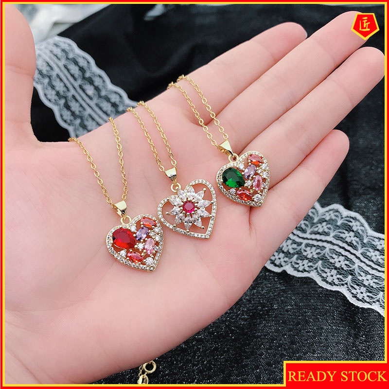 [Ready Stock]Colored Gems Necklace 18K Gold Heart-Shaped Pendant Fashion Temperament