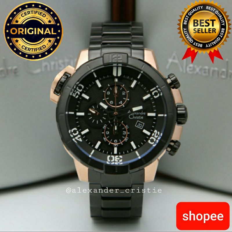 ORIGINAL JAM TANGAN PRIA ALEXANDRE CHRISTIE COWOK ROSEGOLD BLACK RANTAI ALEXANDER CRISTIE AC 6554