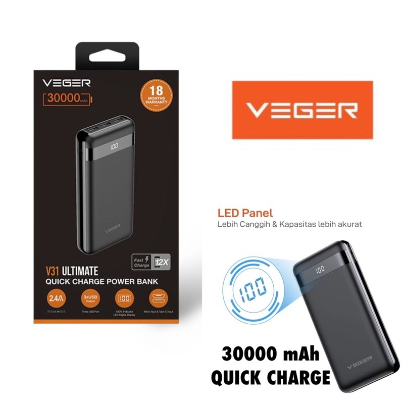 Powerbank VEGER V31 ULTIMATE 30000mah LED display QUICK CHARGE ORIGINAL garansi resmi 18bulan