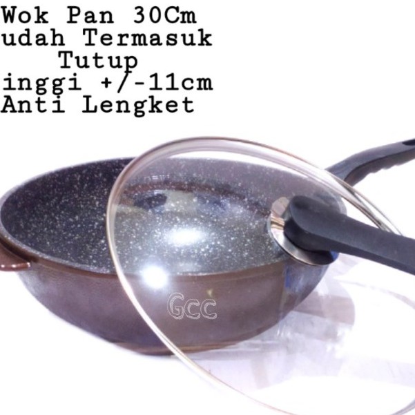 A1 Wok Pan Moegen Marble Keramik 30cm Tutup Kaca FREE Spatula Silikon