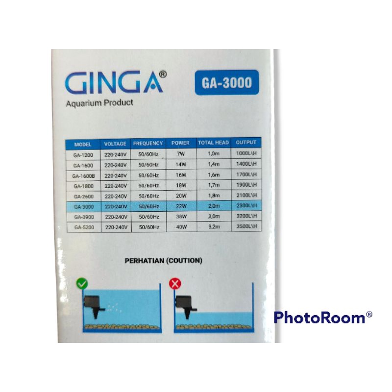 GINGA 3000 GA-3000 Pompa Celup Filter Air Aquarium Kolam Low Watt Submersible Pump Power Head