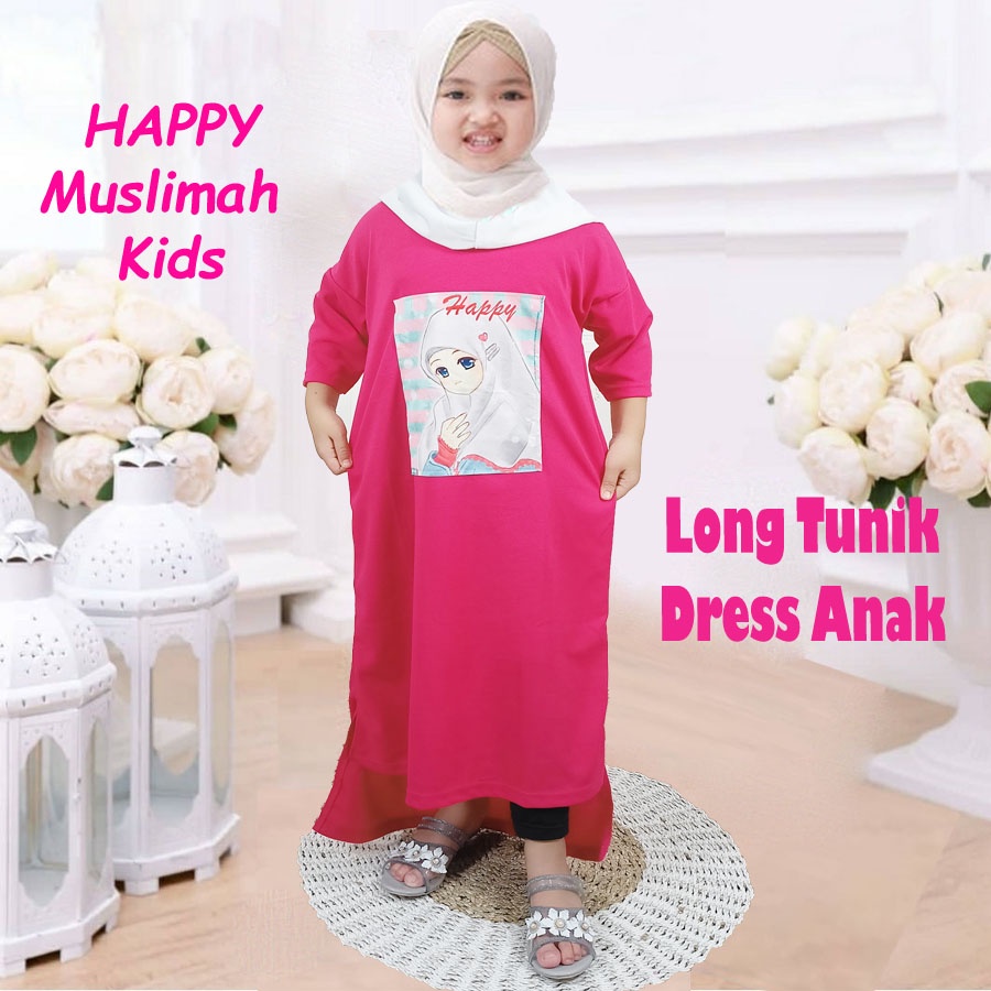 DRESS ANAK LONG TUNIK OVERSIZE HAPPY KIDS MURAH CANTIK MUSLIMAH PEREMPUAN 2-13tahun GL FASHION