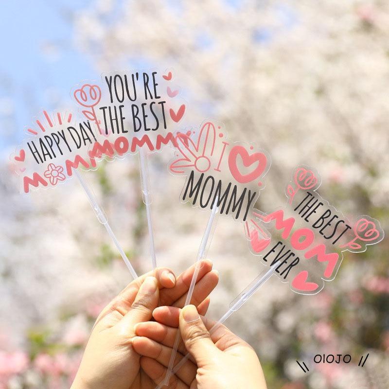 Kartu Dekorasi Kue Ulang Tahun Bahan PVC Motif Bunga Mother I Love You