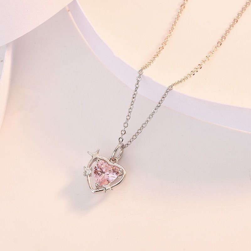 Kalung Liontin Hati Bahan Alloy Hias Zirconberlian Imitasi Warna Pink Gaya Korea Untuk Wanita