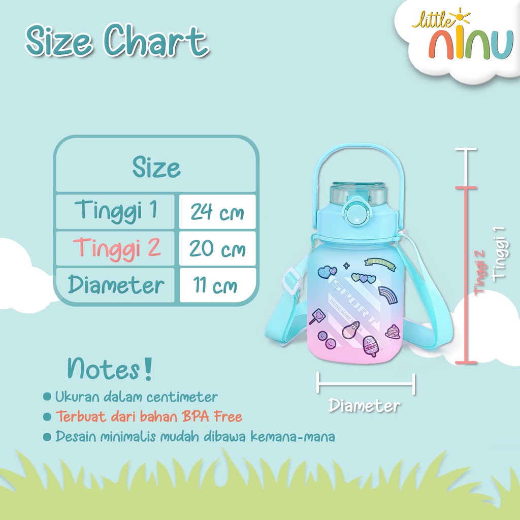 LITTLE NINU Botol Minum Anak Rainbow Sedotan Water Bottle Gradasi 1200 ml