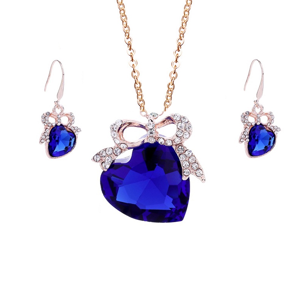 Hu Hu Hu Hu Hu Alat Bantu Pasang Kacamata♡ 3pcs / Set Anting Kait + Kalung Liontin Batu Permata Imitasi Bentuk Hati Untuk Wanita
