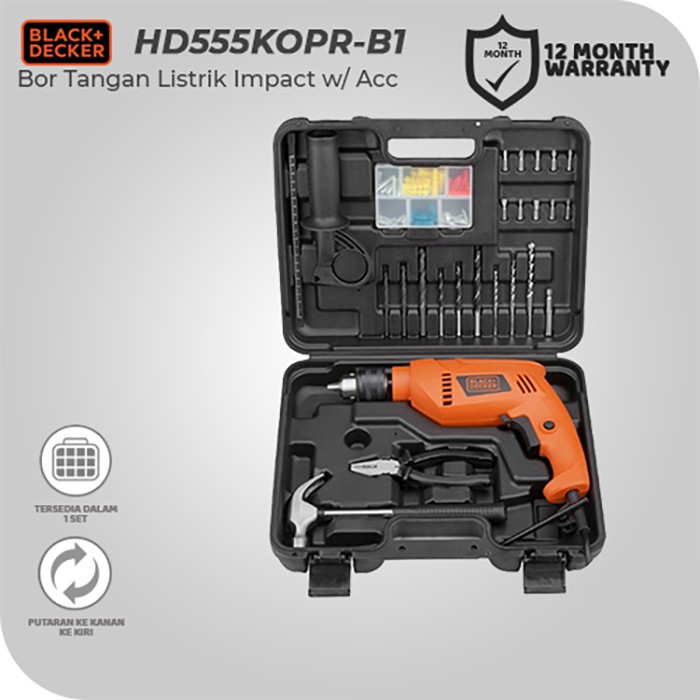 Black & Decker Impact Drill with Acc / Bor Impact Listrik + 88 Acc 550Watt 13mm HD555KOPR
