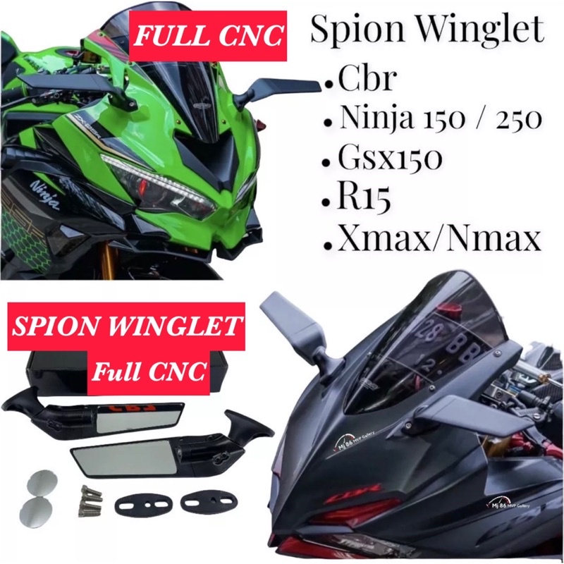 TERMURAH Spion Winglet Full Cnc Stealth Rear Mirror Spion Motor Stealht Winglet Universal Ninja ZX250R ZX600RR H2R R6 Ninja 250 Fi Karbu R15 R25 Aprillia Ducati