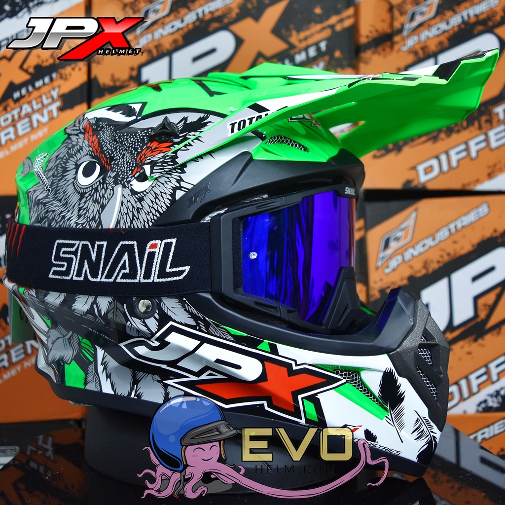 HELM JPX CROSS_FOX1 SERI X13 - FLUO GREEN GLOSS + GOOGLE SNAIL (ONGKIR 2 KG) JPX X13 OWL GREEN ORIGINAL HELM CROSS JPX MOTIF BURUNG HANTU JPX HIJAU