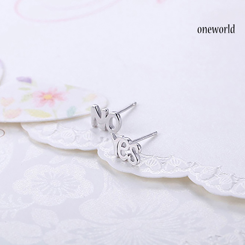 OW@ 1Pair Earrings Fashion 925 Sterling Silver YES NO Korean Style Ear Stud for Party