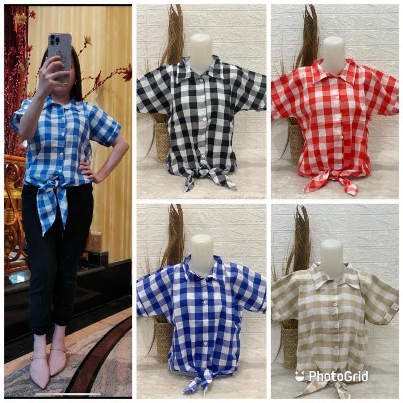 Kemeja Tali Depan Lengan Pendek Atasan Kemeja Wanita Tali Lengan Pendek