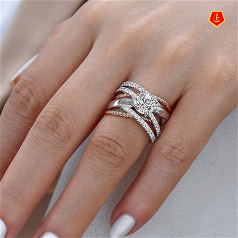 [Ready Stock]14K Rose Gold Color Separation Diamond Ring Fashion Elegant