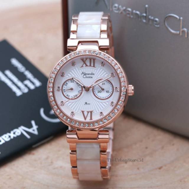 Jam Tangan Alexandre Christie AC 2514 BF Tali Rantai Rose kombinasi Seramik Putih Wanita Original